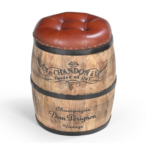 Cylindrical Moet Chandon Leather Ottoman Mango Wood Goat Leather Image 2