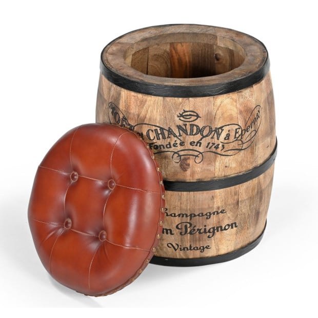Cylindrical Moet Chandon Leather Ottoman Mango Wood Goat Leather Image 3