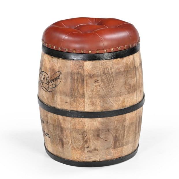 Cylindrical Moet Chandon Leather Ottoman Mango Wood Goat Leather Image 6