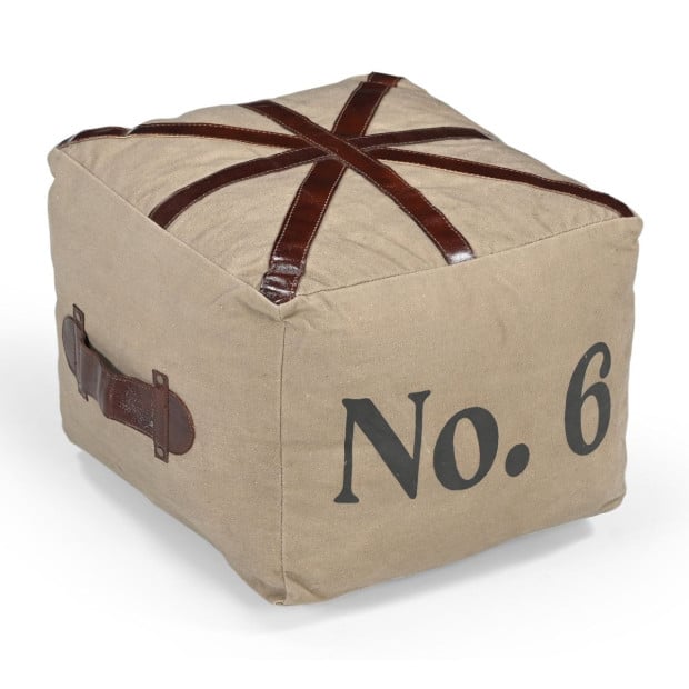 N0.6 Square Ottoman w/Leather Handles Recycled Canvas Image 2