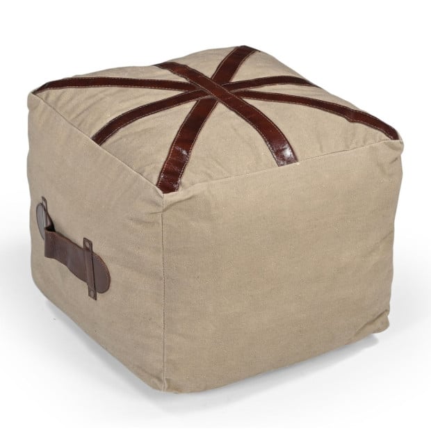 N0.6 Square Ottoman w/Leather Handles Recycled Canvas Image 3