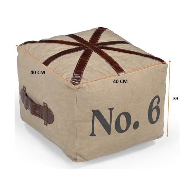 N0.6 Square Ottoman w/Leather Handles Recycled Canvas Image 5