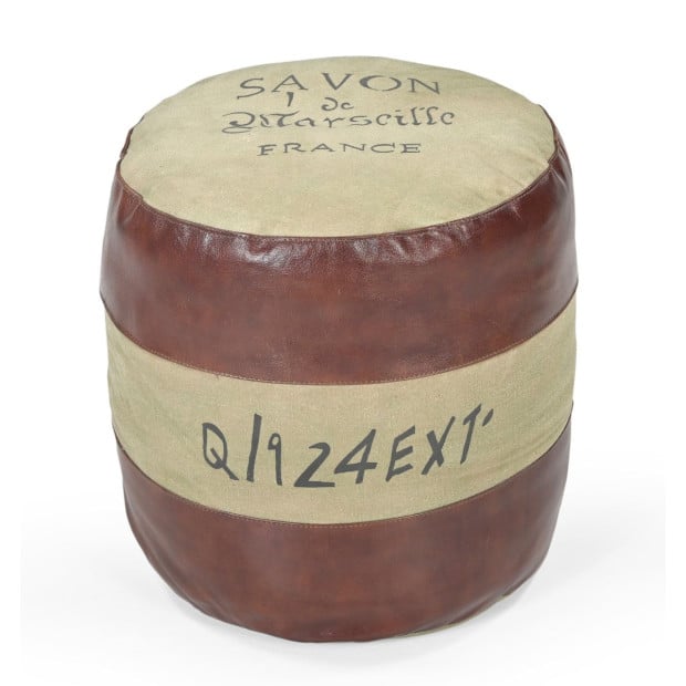 Round Savon Ottoman Leather Recycled Canvas 46cm Image 2