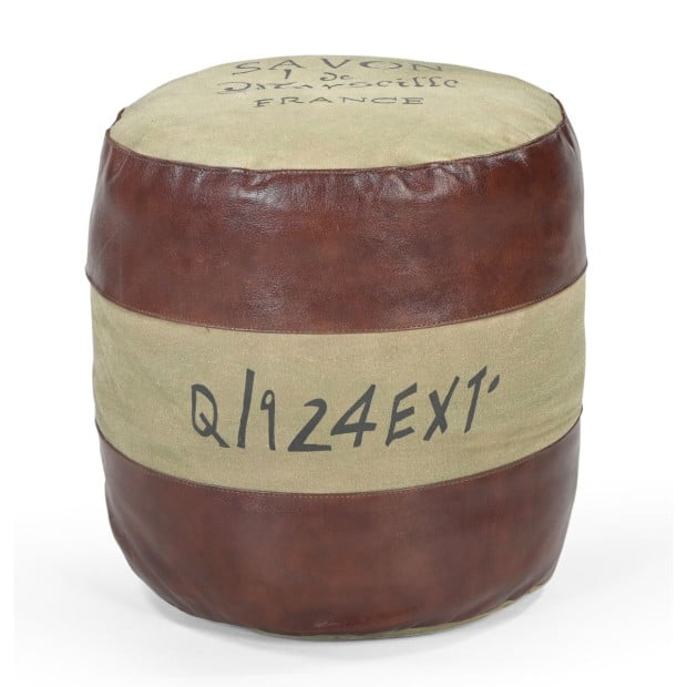 Round Savon Ottoman Leather Recycled Canvas 46cm