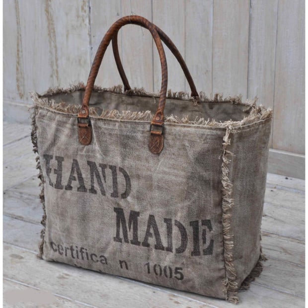 Large Hand Made Bag Shoulder Recycled Canvas Leather Handles Image 2