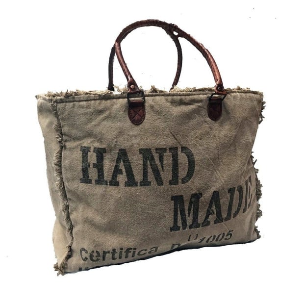 Large Hand Made Bag Shoulder Recycled Canvas Leather Handles Image 3