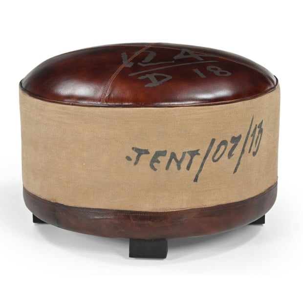 Round Large Leather Ottoman Recycled Canvas 65cm Image 2