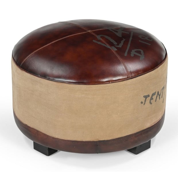 Round Large Leather Ottoman Recycled Canvas 65cm