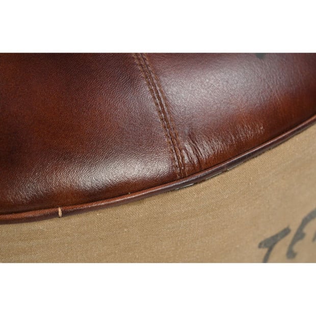 Round Large Leather Ottoman Recycled Canvas 65cm Image 3