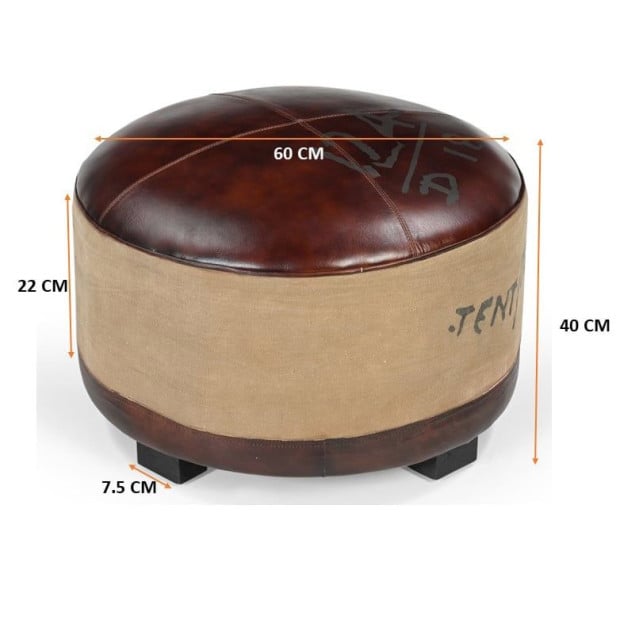 Round Large Leather Ottoman Recycled Canvas 65cm Image 6