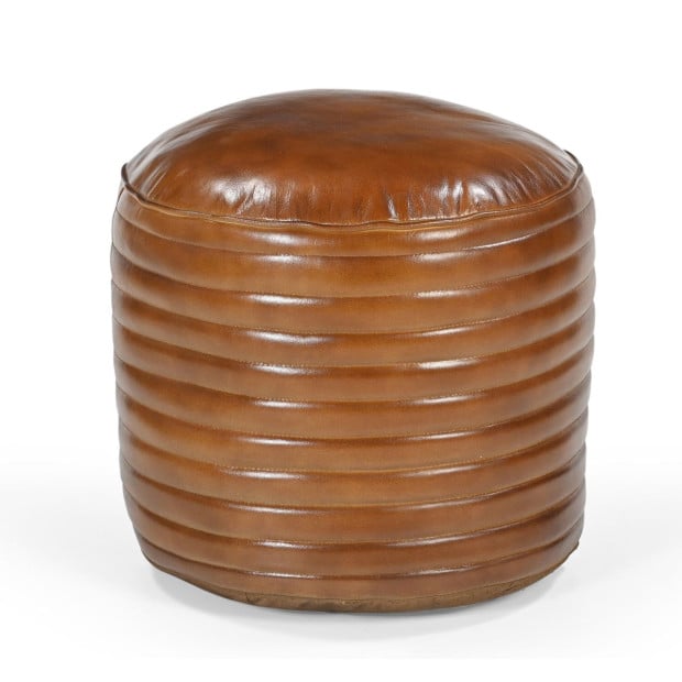 Caramel Grooved Leather Ottoman Round 50cm