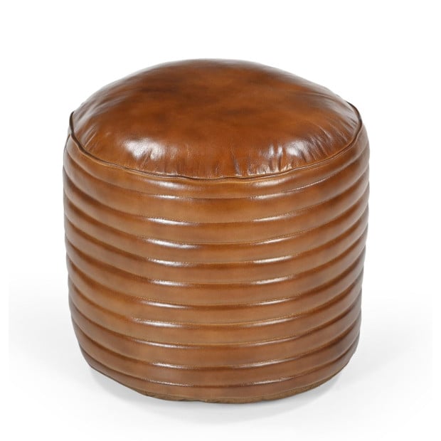 Caramel Grooved Leather Ottoman Round 50cm Image 2