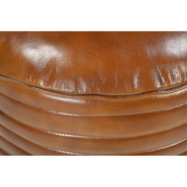 Caramel Grooved Leather Ottoman Round 50cm Image 3