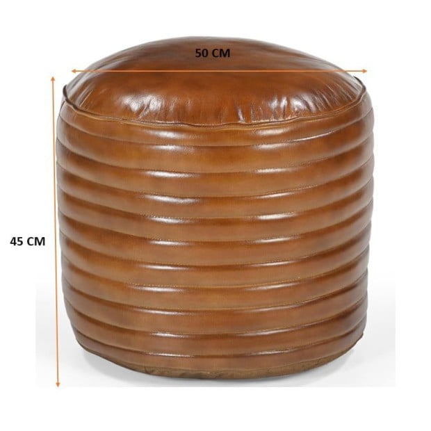 Caramel Grooved Leather Ottoman Round 50cm Image 4