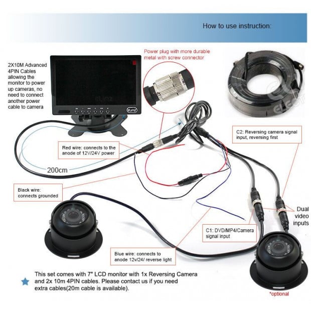 Elinz 7In Monitor Hd 12v/24v Reversing Ccd Eyeball Camera Image 2