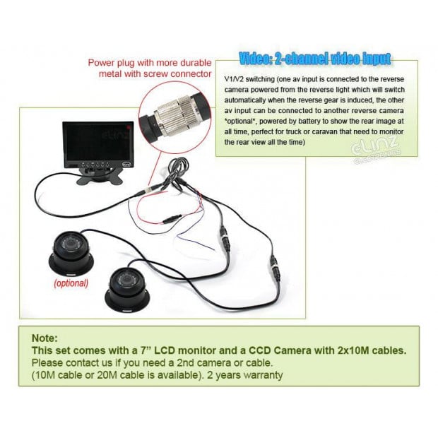 Elinz 7In Monitor Hd 12v/24v Reversing Ccd Eyeball Camera Image 3