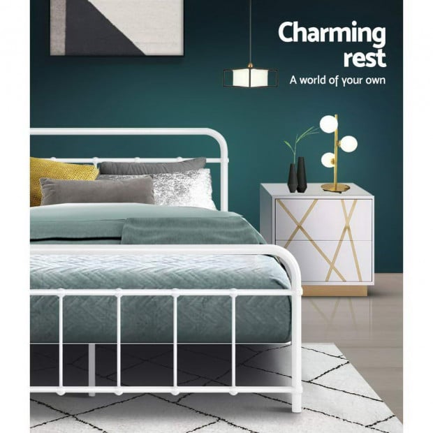 Metal Bed Frame Double Size Platform Foundation Base  White Image 5