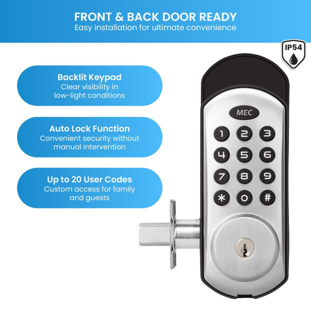 MEC Digital Motorised Smart Lock 20 User Codes Auto-Lock Backlit Keypad - Chrome Image 5