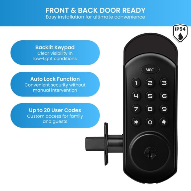 MEC Digital Motorised Smart Lock 20 User Codes Auto-Lock Backlit Keypad - Matte Black Image 5