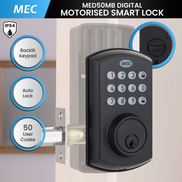 MEC Digital Motorised Smart Lock 50 User Codes Auto-Lock Backlit Keypad - Matte Black