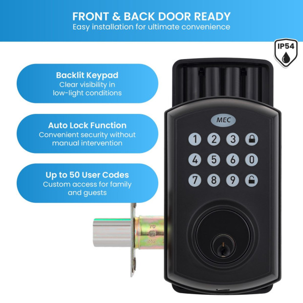 MEC Digital Motorised Smart Lock 50 User Codes Auto-Lock Backlit Keypad - Matte Black Image 5
