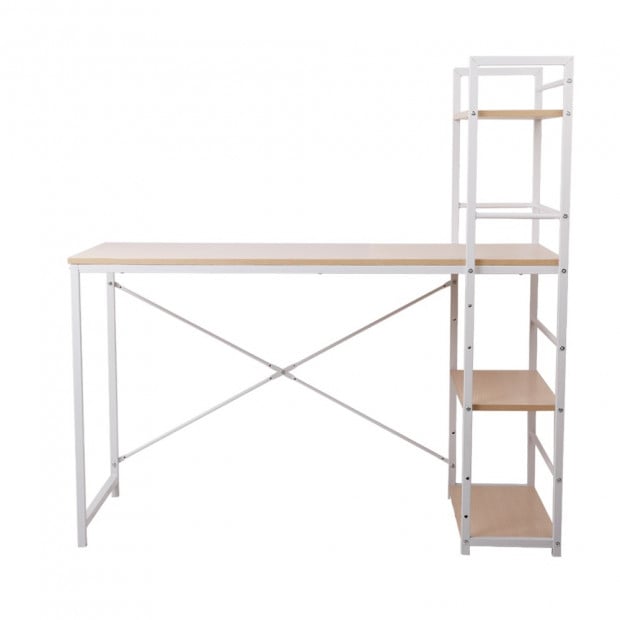 Artiss Metal Desk with Shelves - White with Oak Top Image 2