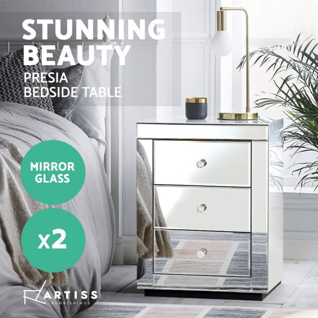 Set of 2 Bedside Tables Drawers Mirrored Side End Table Image 2