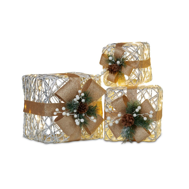 3 Piece Christmas Present Display Set with Lights & Gold Bows Image 2