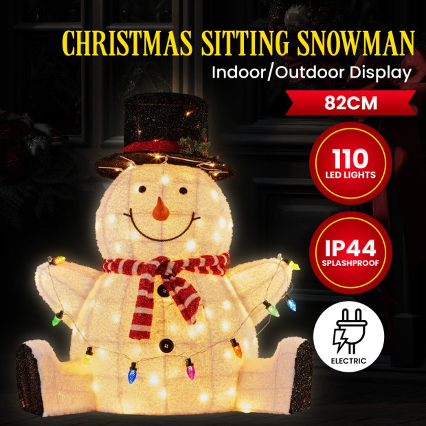 Sitting Snowman Christmas Display with Lights - 82cm