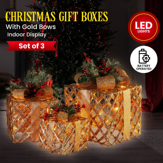 Set of 3 Christmas Gift Boxes with Lights - Champagne with Gold Bows