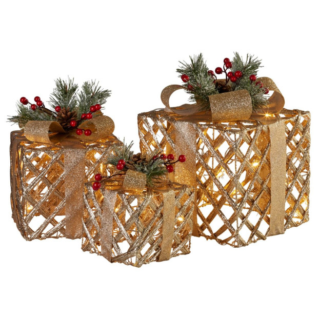 Set of 3 Christmas Gift Boxes with Lights - Champagne with Gold Bows Image 2