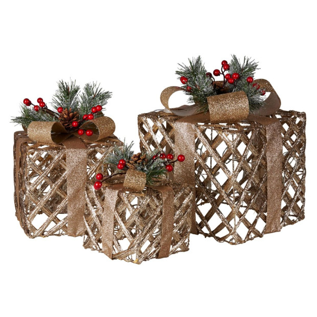 Set of 3 Christmas Gift Boxes with Lights - Champagne with Gold Bows Image 3