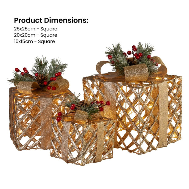 Set of 3 Christmas Gift Boxes with Lights - Champagne with Gold Bows Image 4