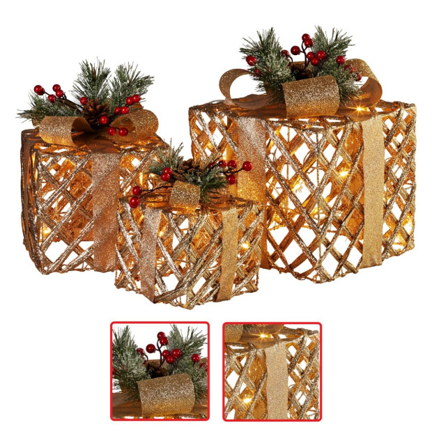 Set of 3 Christmas Gift Boxes with Lights - Champagne with Gold Bows Image 5