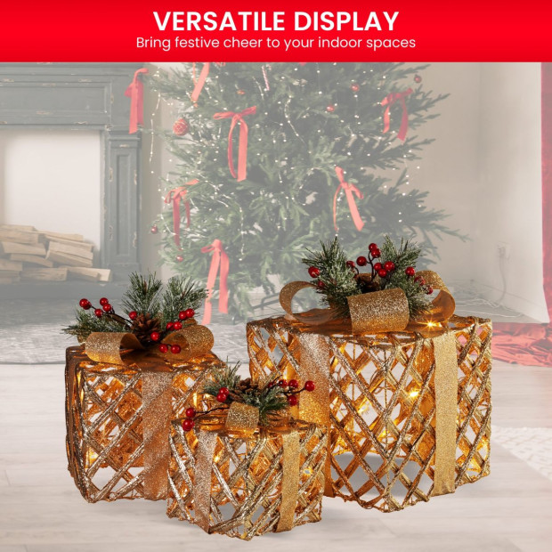 Set of 3 Christmas Gift Boxes with Lights - Champagne with Gold Bows Image 6