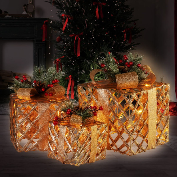 Set of 3 Christmas Gift Boxes with Lights - Champagne with Gold Bows Image 7