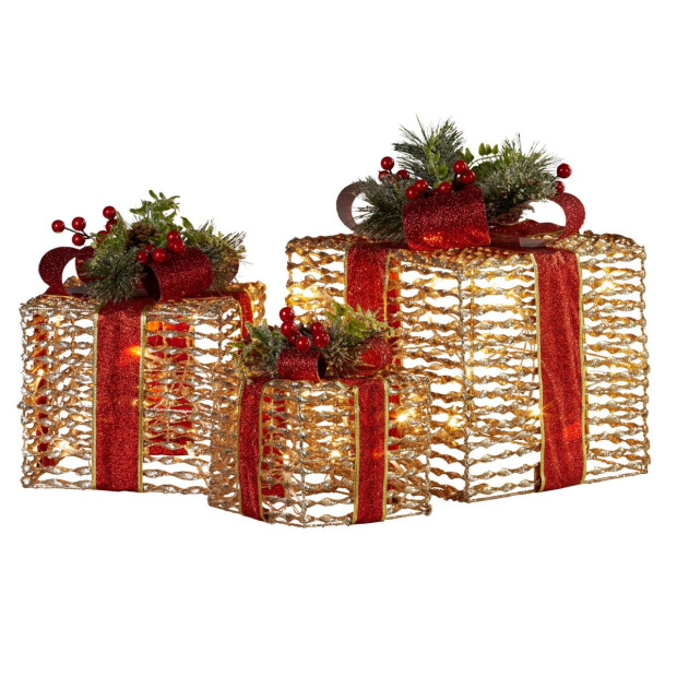 Set of 3 Christmas Gift Boxes with Lights - Champagne with Red Bows Image 2