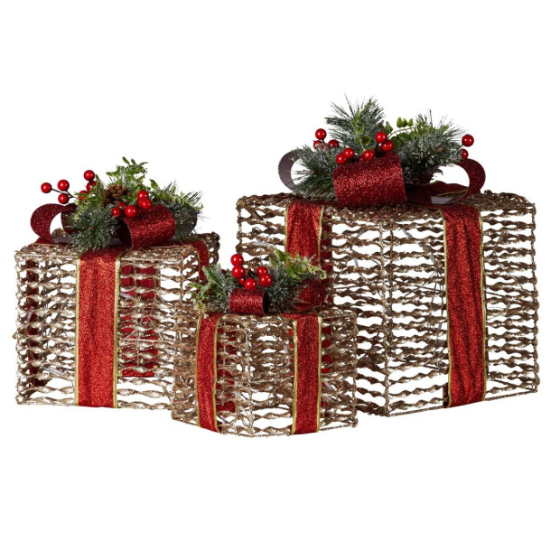 Set of 3 Christmas Gift Boxes with Lights - Champagne with Red Bows Image 3