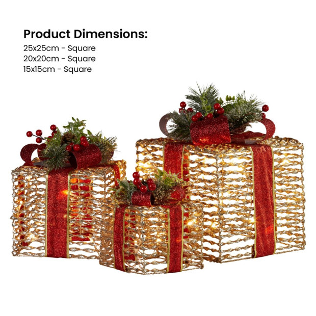Set of 3 Christmas Gift Boxes with Lights - Champagne with Red Bows Image 4