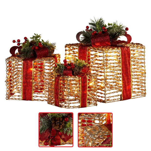 Set of 3 Christmas Gift Boxes with Lights - Champagne with Red Bows Image 5