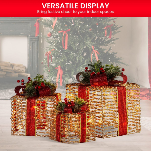 Set of 3 Christmas Gift Boxes with Lights - Champagne with Red Bows Image 6