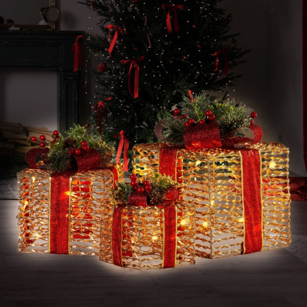 Set of 3 Christmas Gift Boxes with Lights - Champagne with Red Bows Image 7
