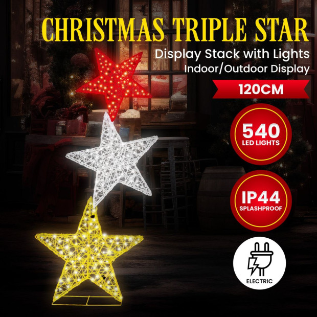 Triple Star Christmas Display with Lights - 120cm