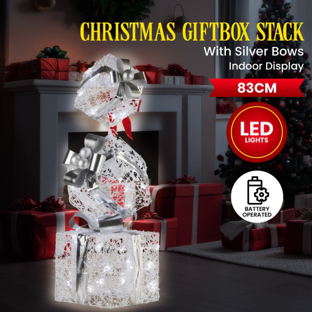 Triple Christmas Silver Giftbox Stack Display with Lights - 83cm