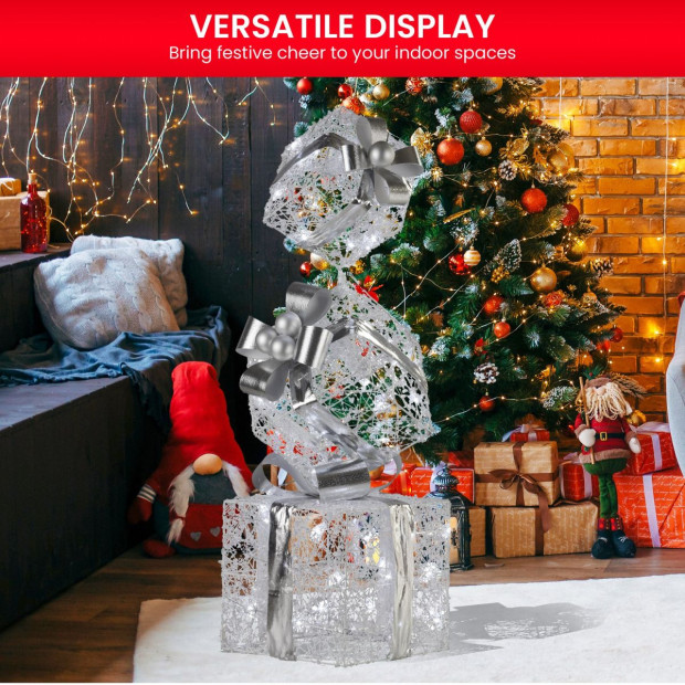 Triple Christmas Silver Giftbox Stack Display with Lights - 83cm Image 6