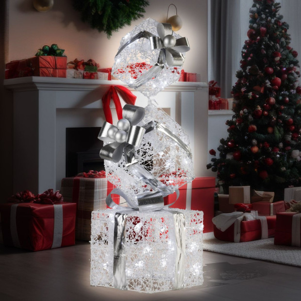 Triple Christmas Silver Giftbox Stack Display with Lights - 83cm Image 7