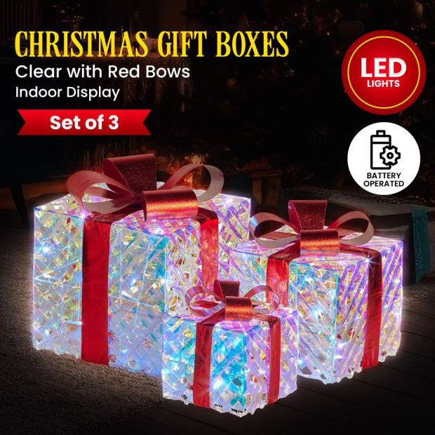 Set of 3 Christmas Gift Boxes with Lights - Clear Shimmer with Red Bows