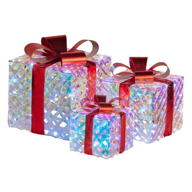 Set of 3 Christmas Gift Boxes with Lights - Clear Shimmer with Red Bows Image 2