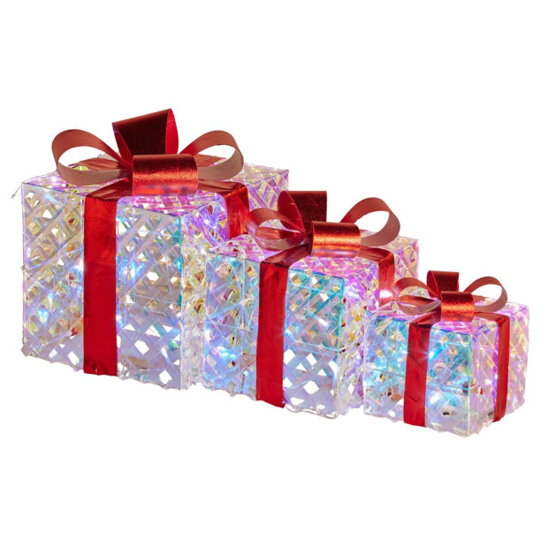 Set of 3 Christmas Gift Boxes with Lights - Clear Shimmer with Red Bows Image 3