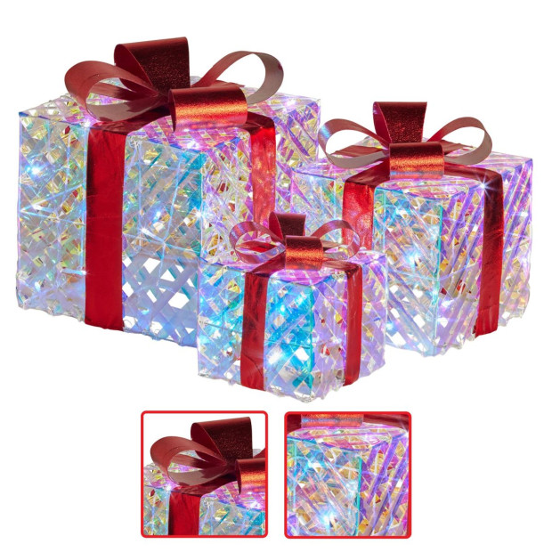 Set of 3 Christmas Gift Boxes with Lights - Clear Shimmer with Red Bows Image 5